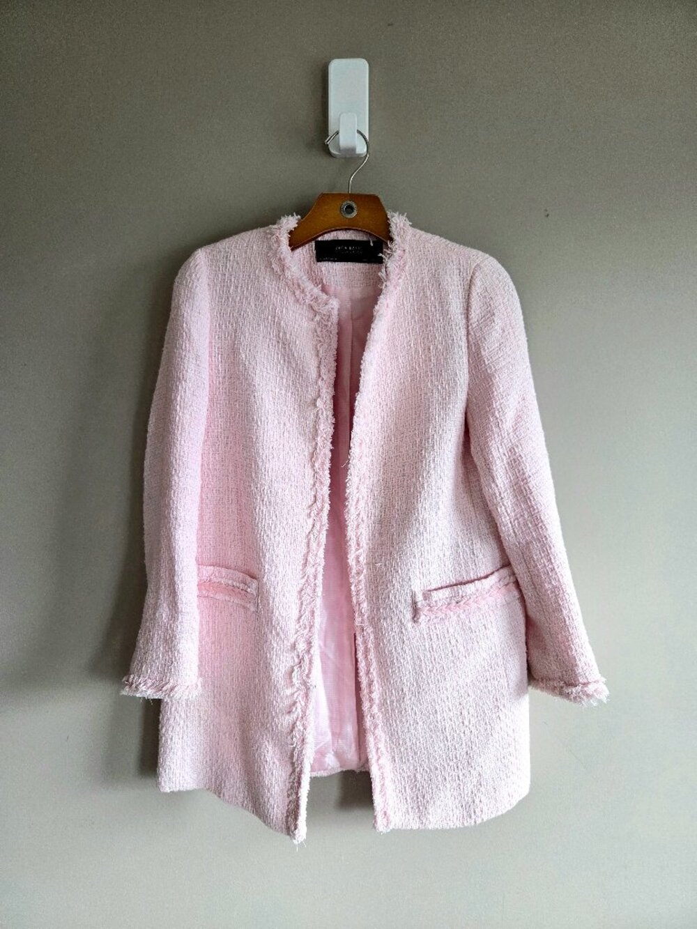 Zara Basic Collection Light Pink Tweed Open Coat Blazer Frayed Edges